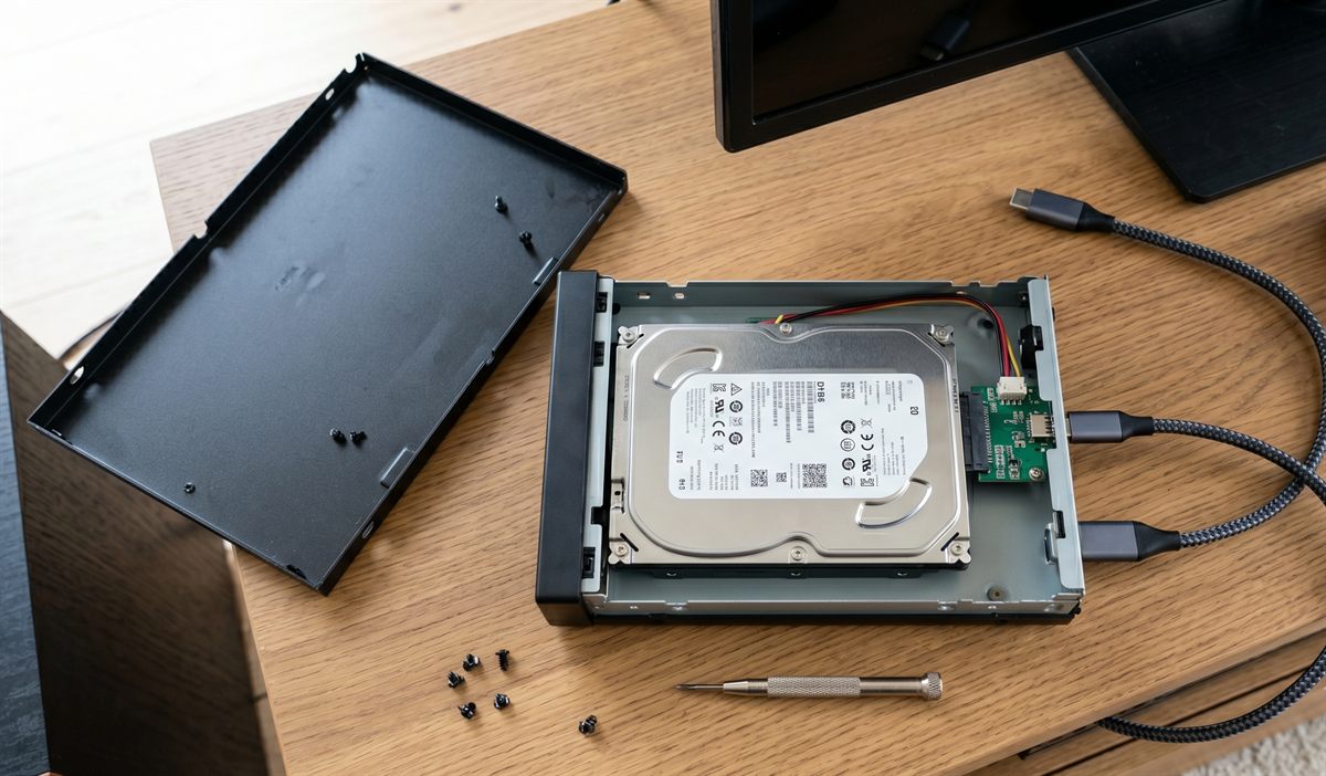 外付けハードディスクケースを開けて中のHDDを確認している例